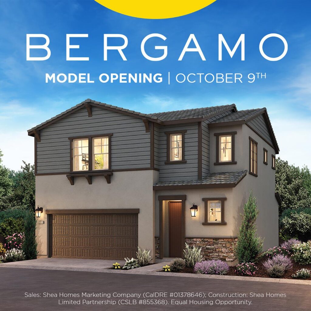 Bergamo Model Opening on October 9th message over image of gray two-story home surrounded by plants and a blue sky with a disclaimer at the bottom of the image